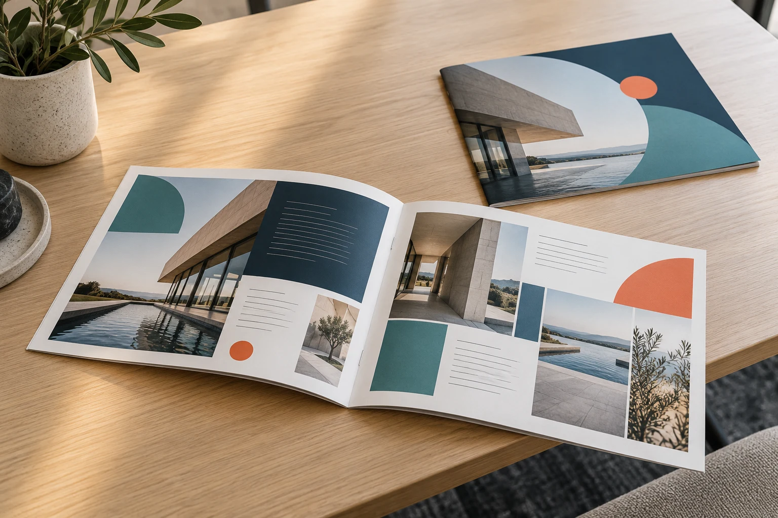Open stapled company brochure beside a closed brochure on a meeting table