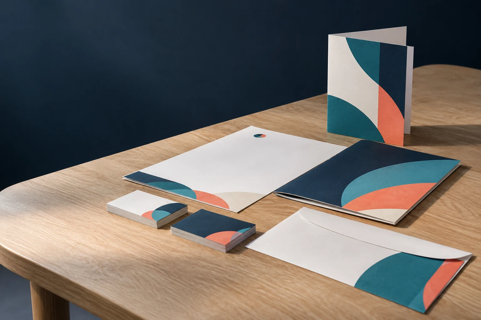 Coordinated business cards, flyer, brochure, letterhead and envelope on a studio table