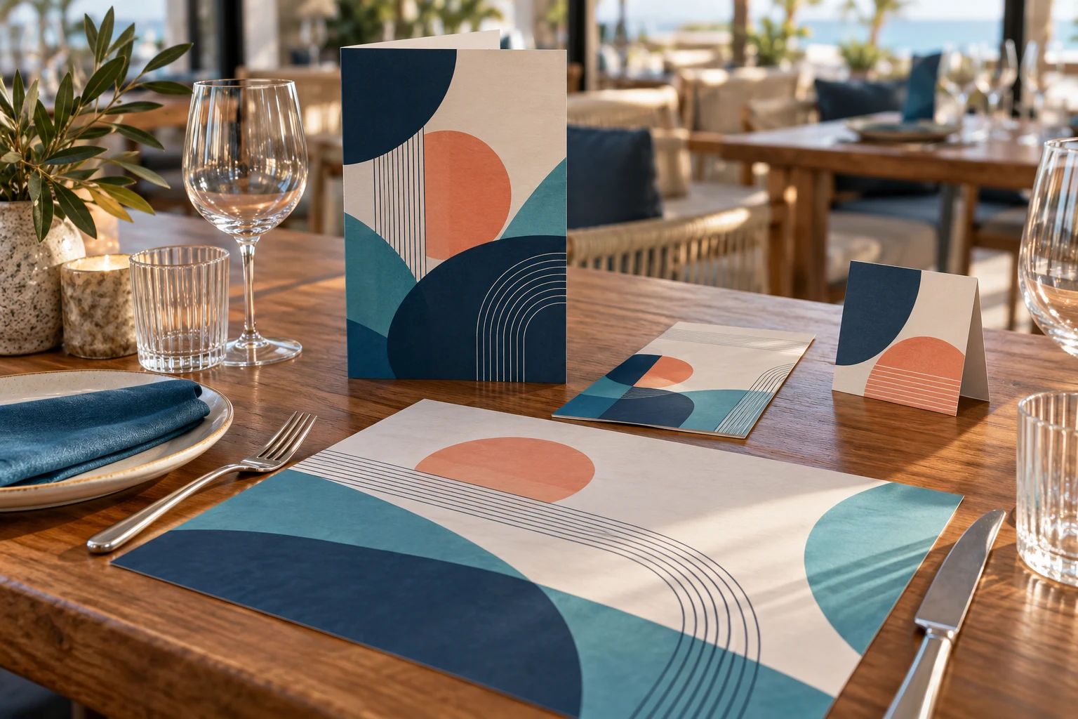 Printed menu, drinks card, placemat and table tent in a restaurant