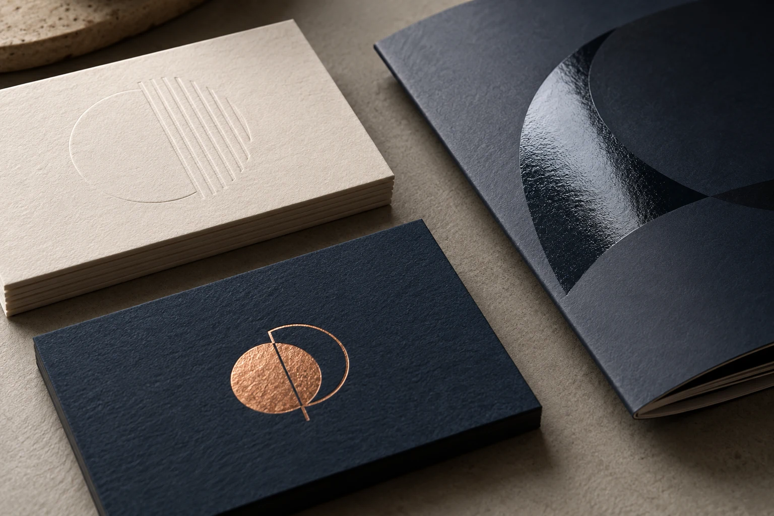 Print samples with foil, embossing and gloss accents