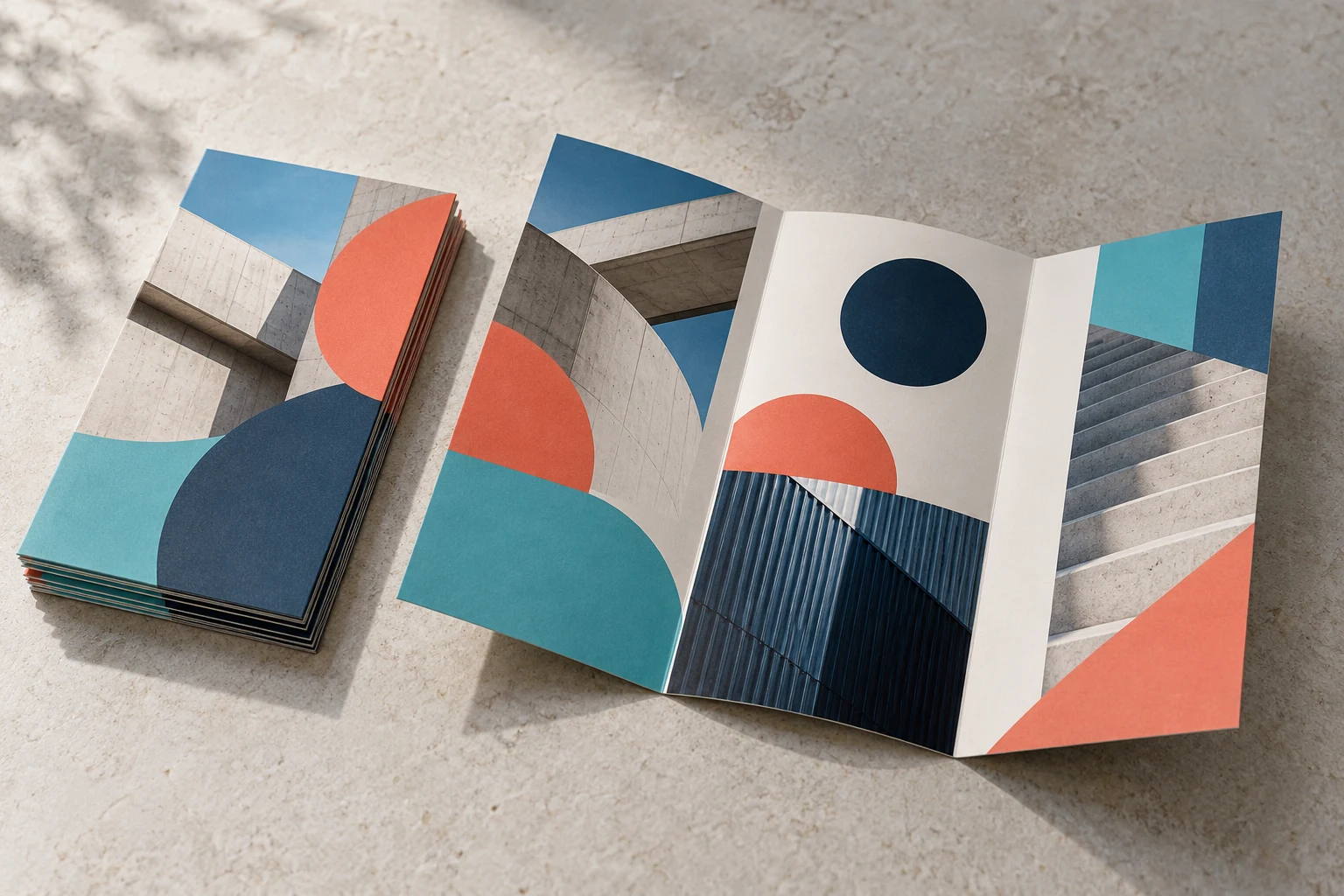 A stack of flyers beside an unfolded three-panel leaflet