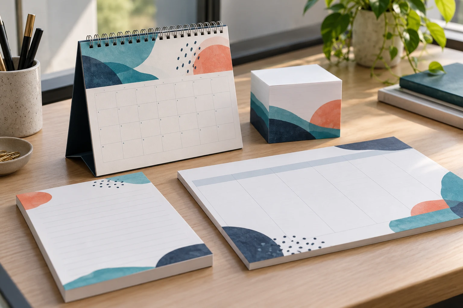 Desk calendar, writing pad, memo block and planner on an office desk