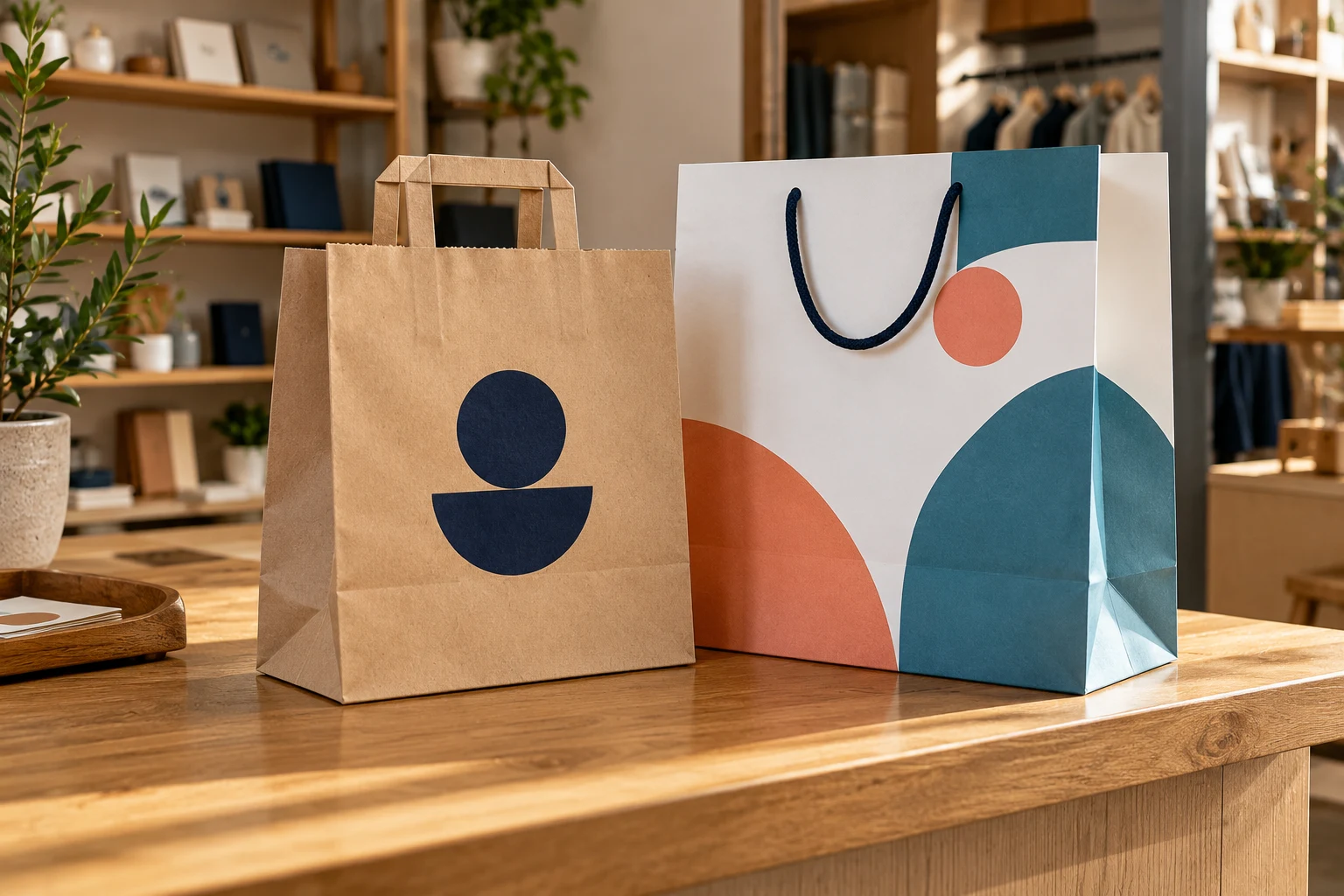 Bedrukte kraft en witte papieren draagtassen met verschillende hengsels