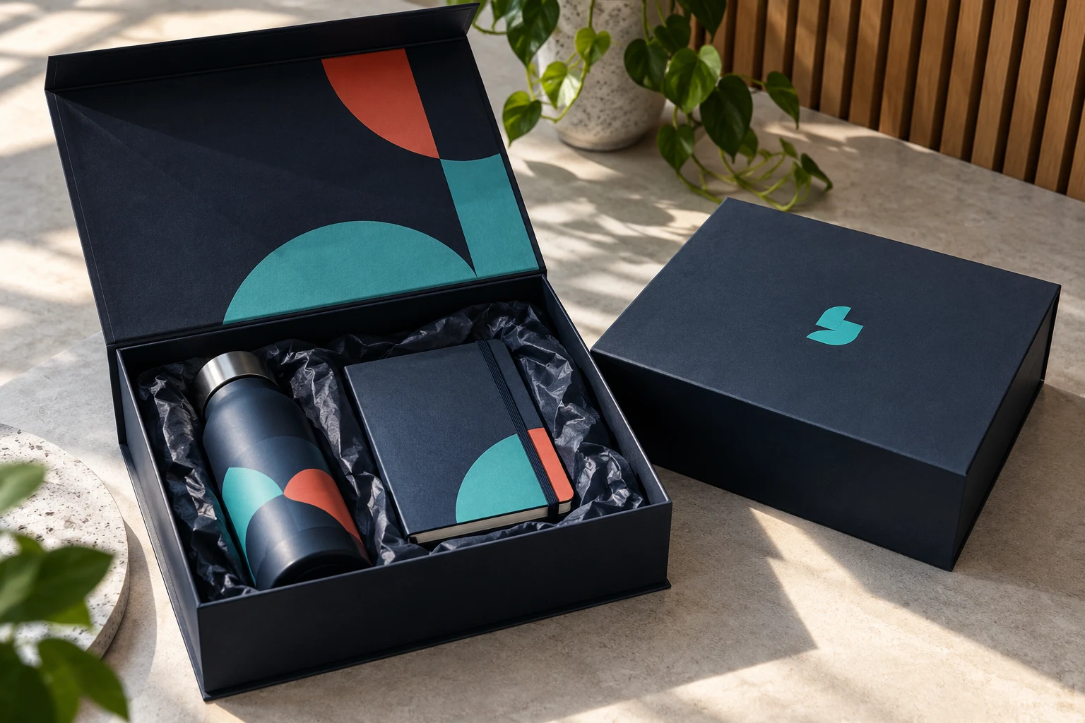 Zakelijke geschenkdoos met magneetsluiting, fles en notitieboek in vloeipapier