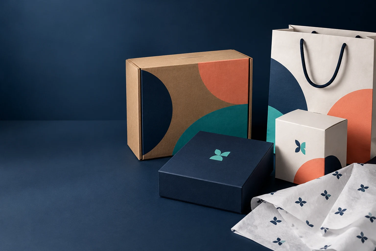 Samenhangende zakelijke verpakkingsset met bedrukte doosjes, verzenddoos, geschenkdoos, papieren tas en vloeipapier