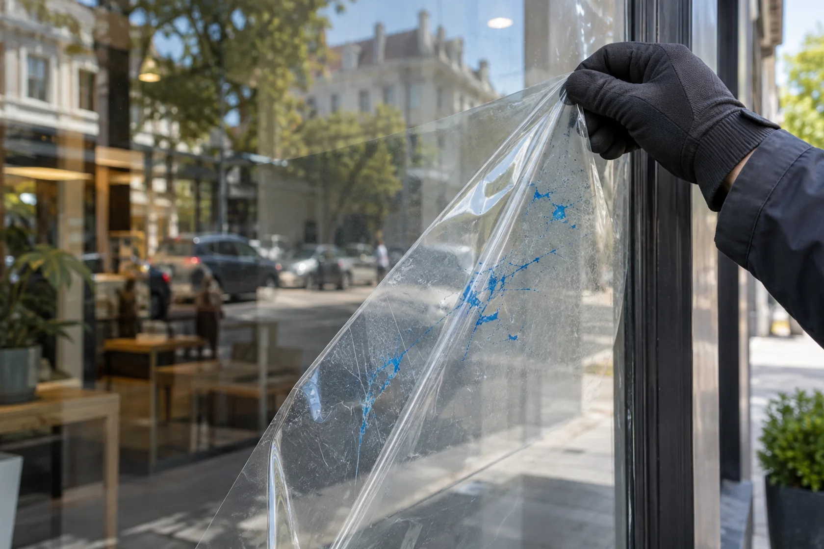 AI example of removing a damaged transparent protective layer from a window