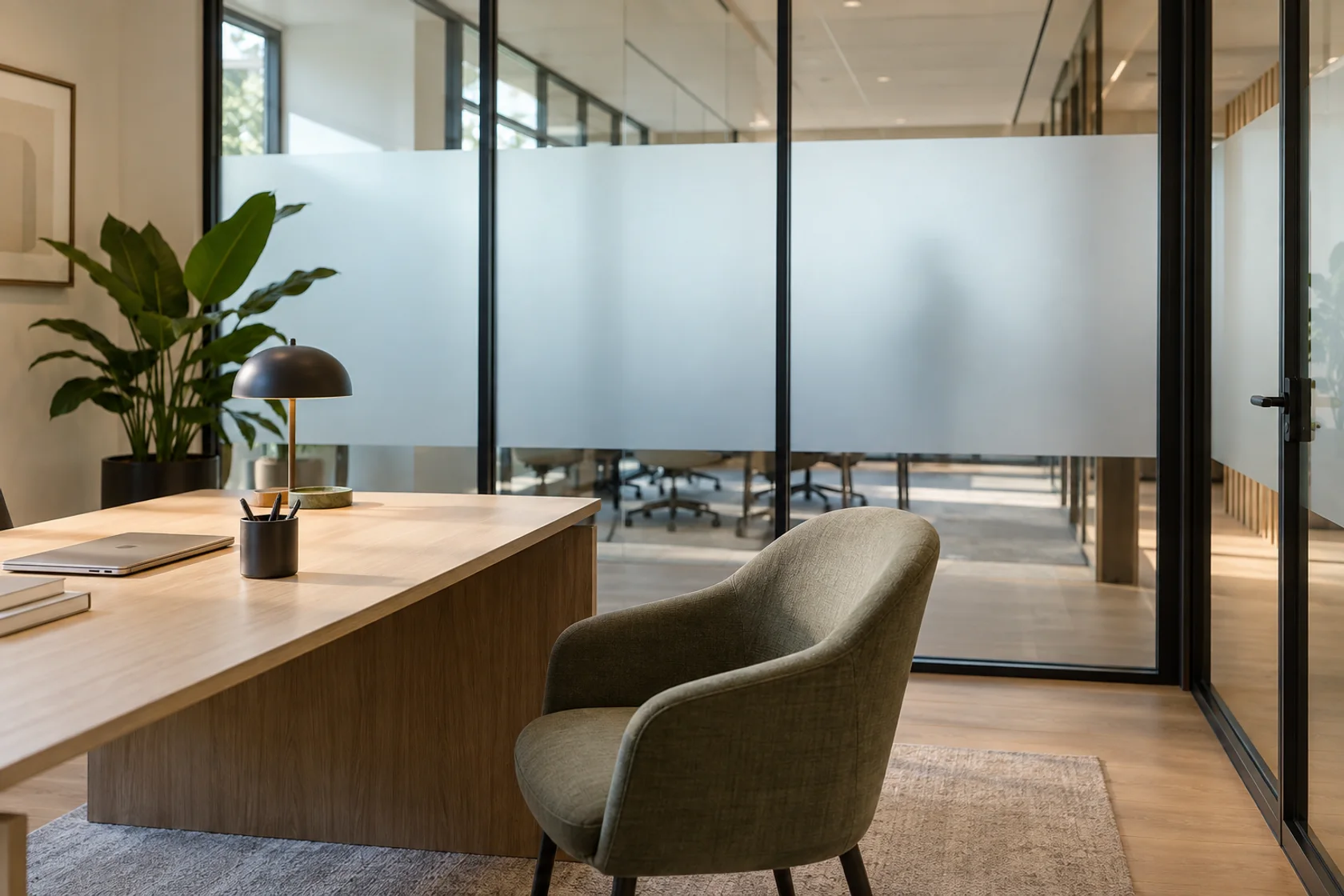 AI example of a bright room with frosted window film