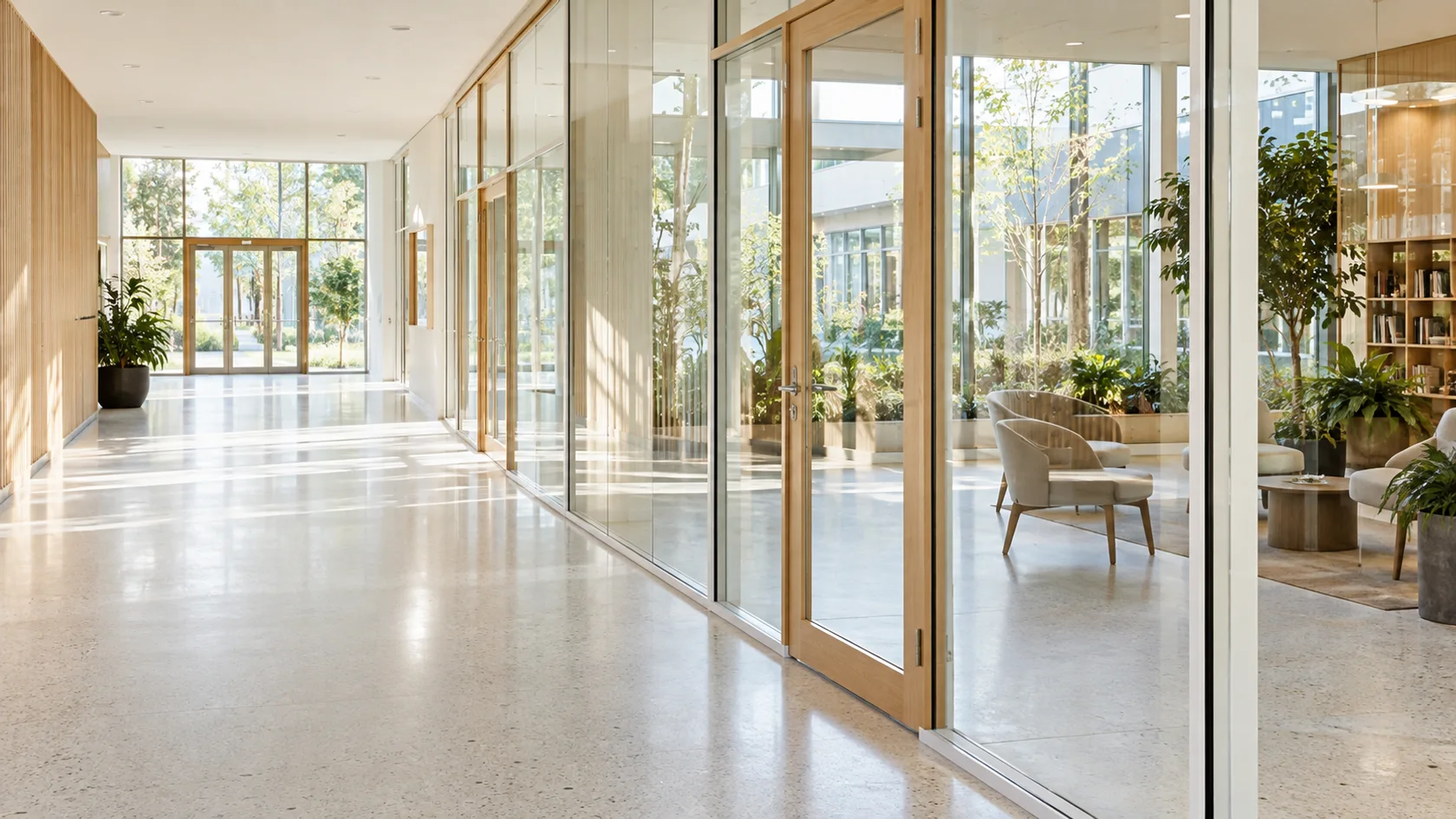 AI example of a bright corridor with large glass partitions and doors