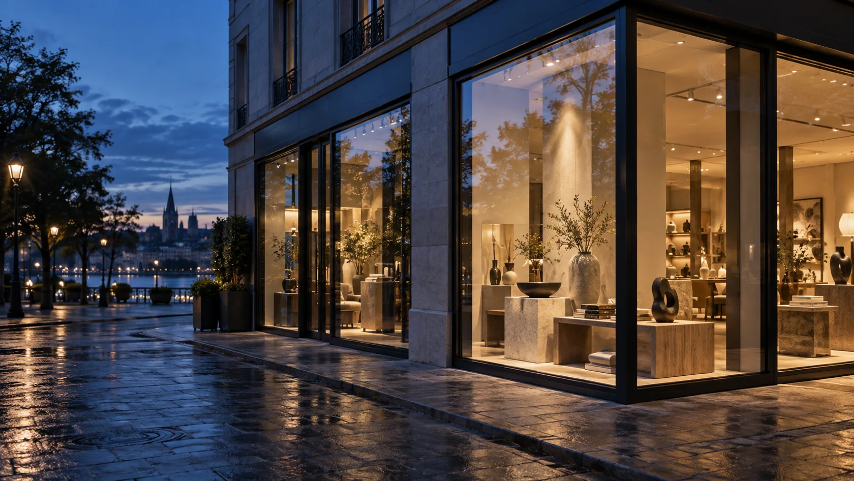 AI example of a clear glazed shopfront in evening light