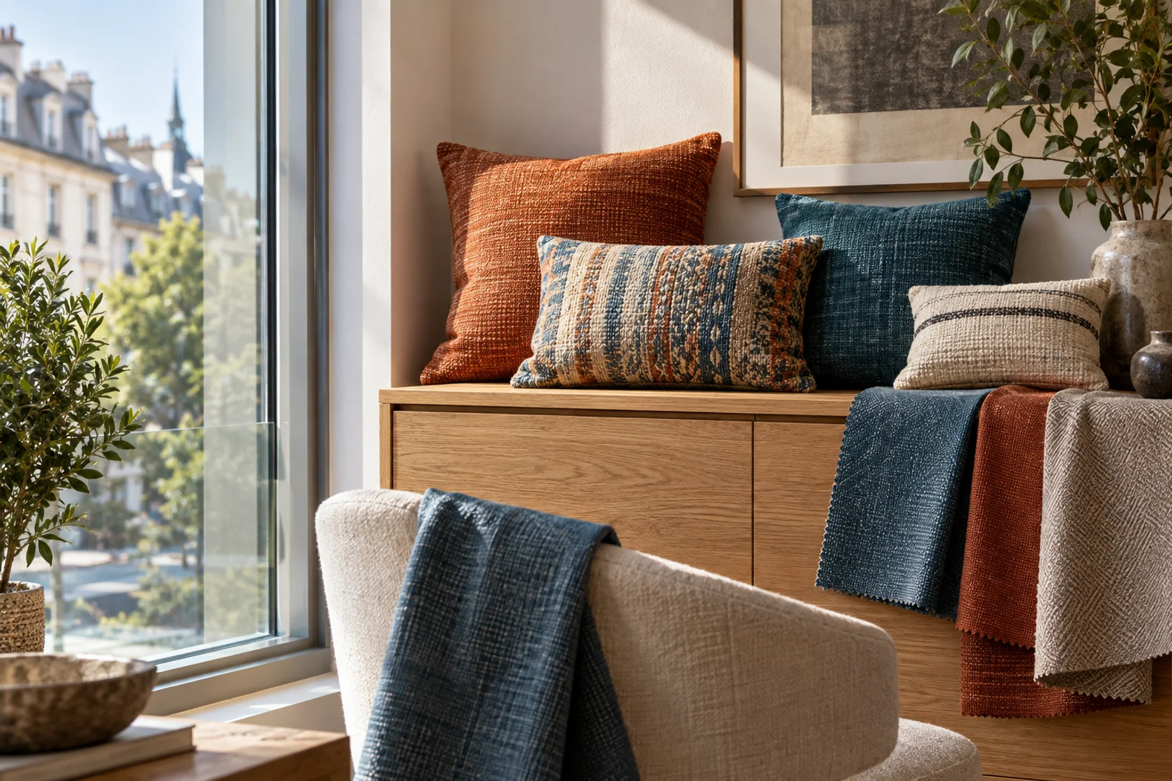 AI example of colourful interior fabrics and timber furniture beside a clear window