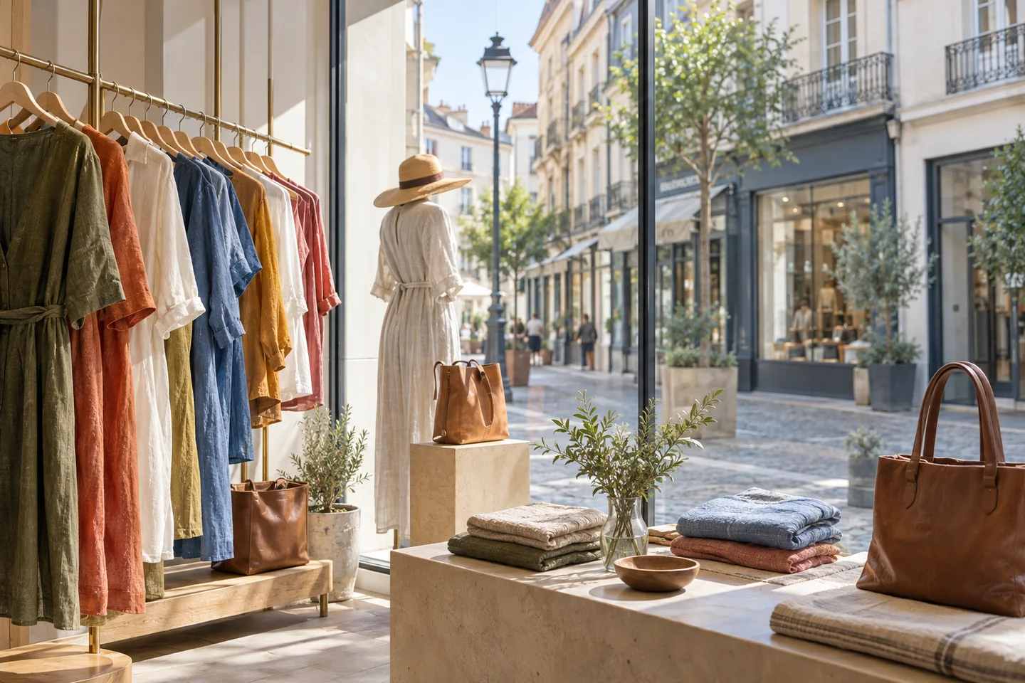 AI example of a bright clothing display behind clear glass