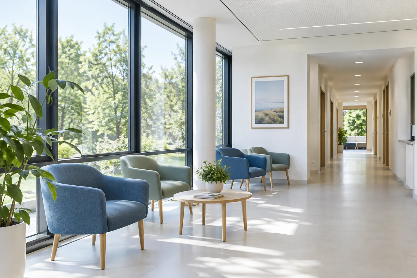 AI example of a bright healthcare waiting area with clear windows