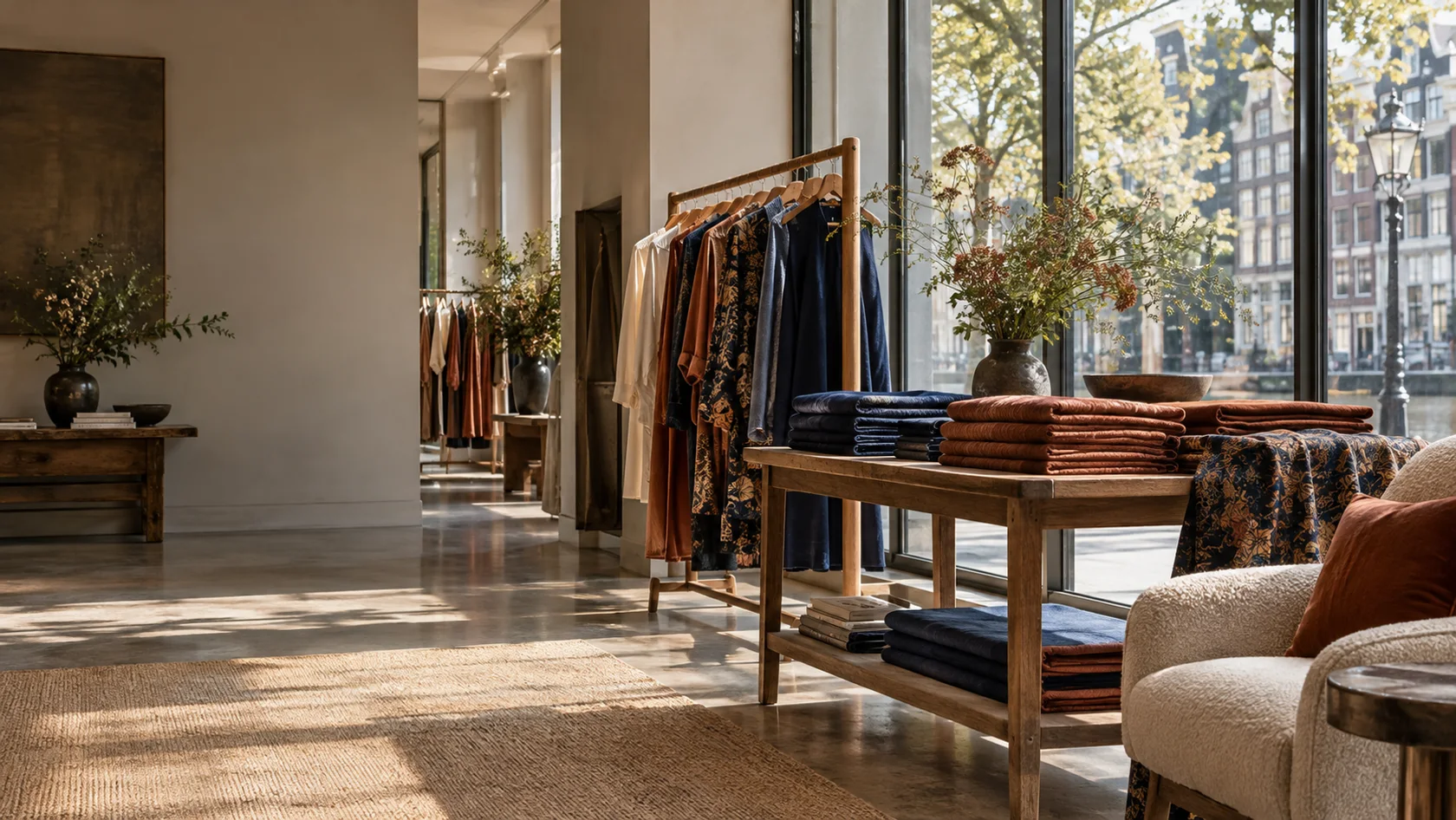 AI example of a bright shop display with clothing and textiles behind clear glass