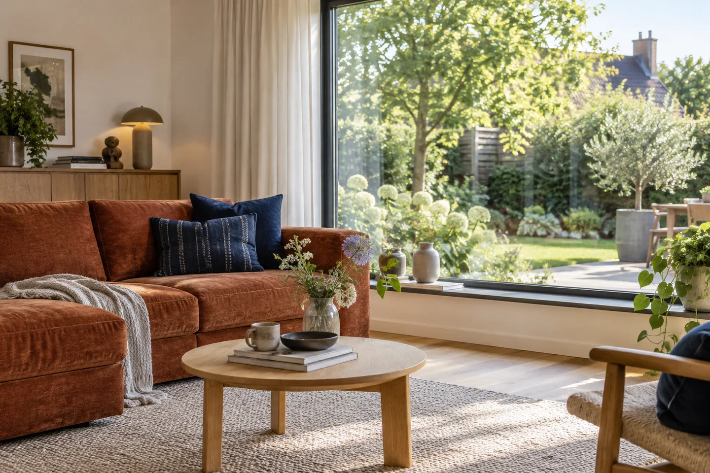 AI example of a home interior with colourful furniture beside a clear window