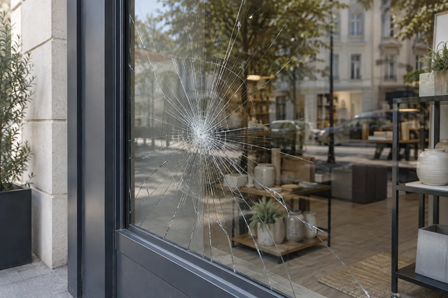 AI illustration of a cracked shopfront pane retained by transparent film