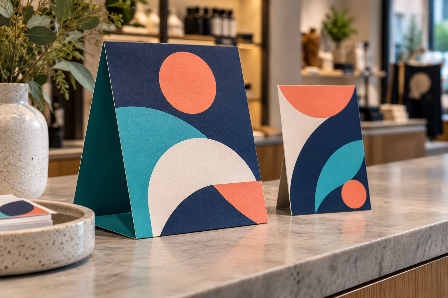 Bedrukte kartonnen tafeldisplay en showkaart op een winkelbalie
