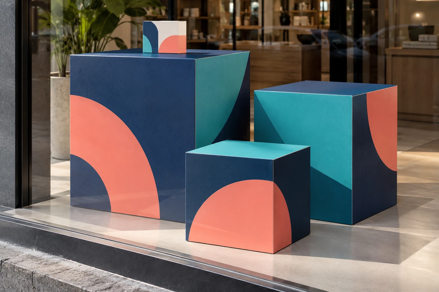Drie bedrukte kartonnen displaykubussen als presentatie in een etalage