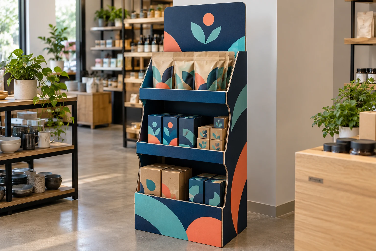 Kartonnen vloerdisplay met drie schappen en kleine productverpakkingen