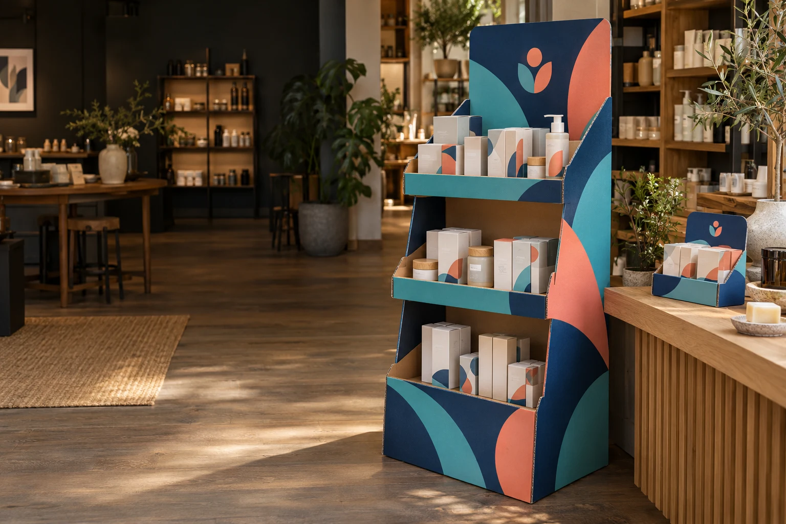 Bedrukte kartonnen vloer- en baliedisplays met producten in een moderne winkel