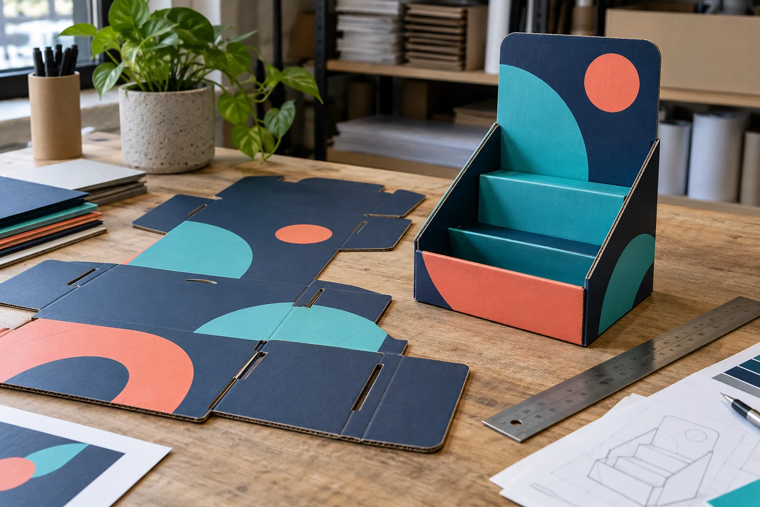 Kartonnen displaymodel met zichtbare vouwlijnen en materiaalstalen op een ontwerptafel
