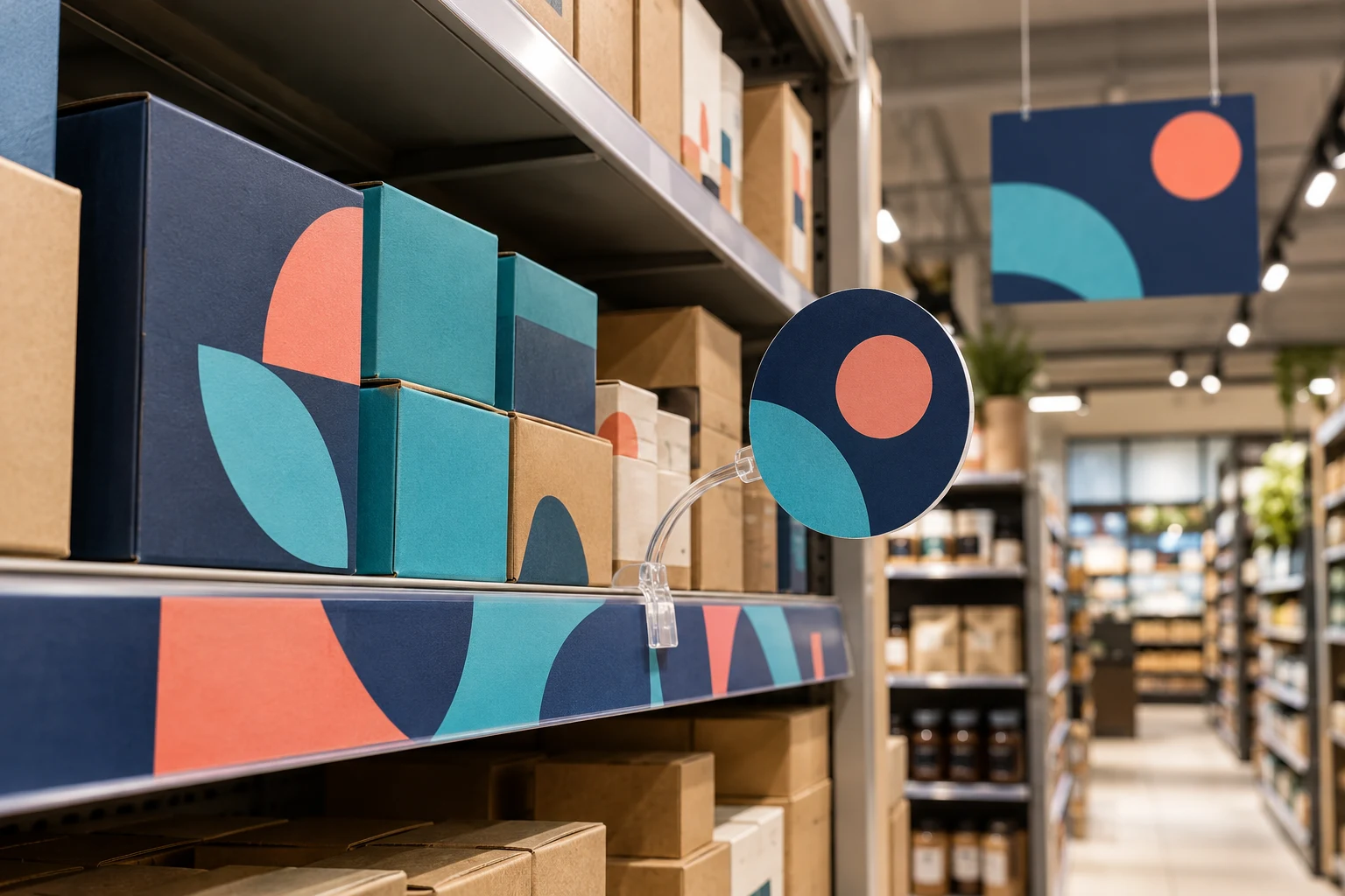 Bedrukte schapstrook, wobbler en hangbord in een winkel