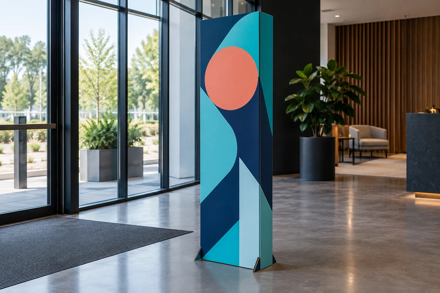 Vrijstaande bedrukte kartonnen totem bij de entree van een showroom