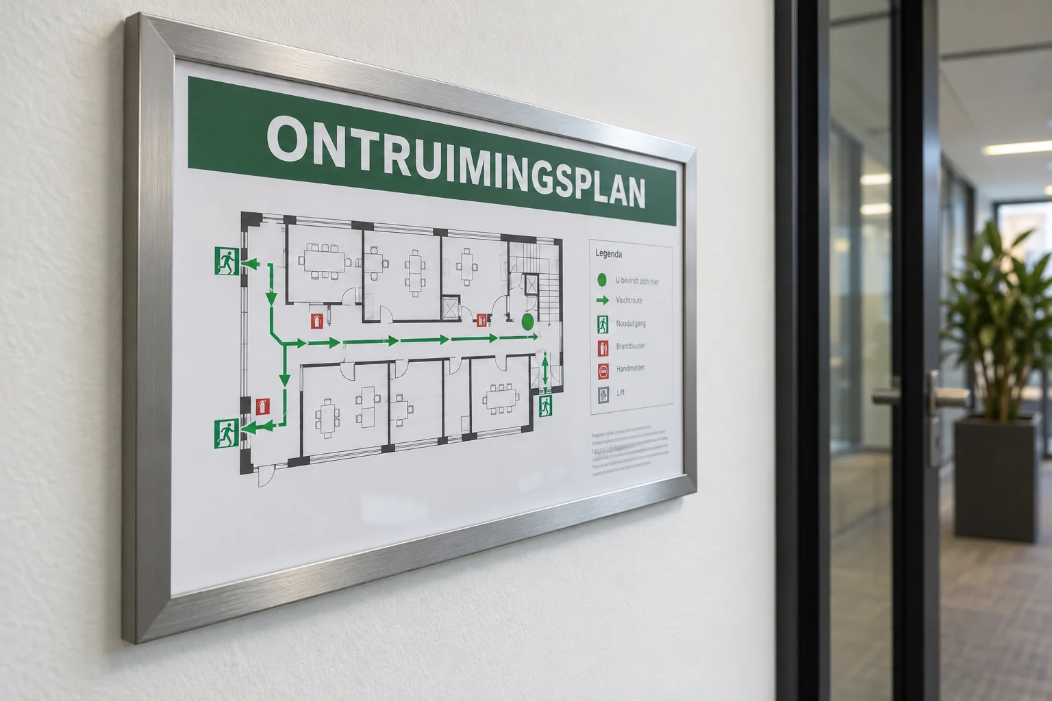 AI-ontwerpvoorbeeld van een ingelijste ontruimingsplattegrond in een bedrijfsgang