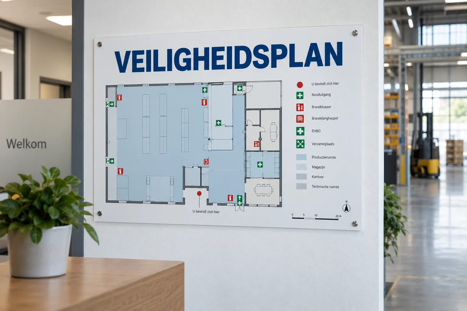 AI-ontwerpvoorbeeld van een veiligheidsplattegrond op een stevig wandpaneel