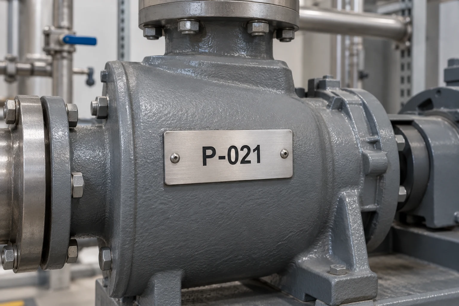AI-ontwerpvoorbeeld van een aluminium equipmentplaatje met code P-021 op een industriële pomp