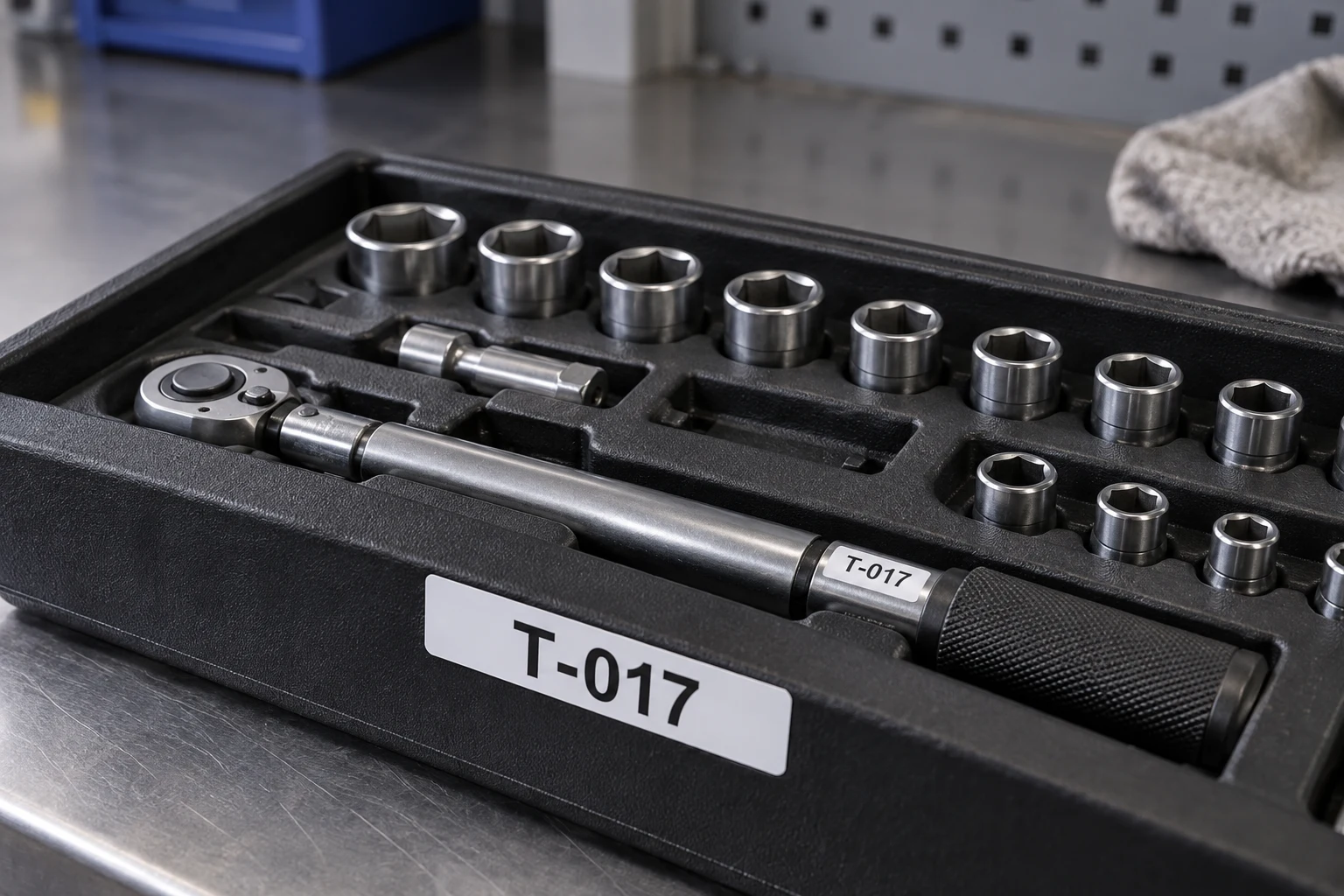 AI-ontwerpvoorbeeld van een maatwerk identificatielabel T-017 op gereedschap en een gereedschapstray