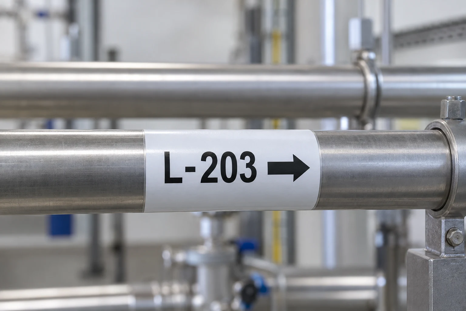AI-ontwerpvoorbeeld van leidingcodering L-203 met een stromingspijl op een procesleiding