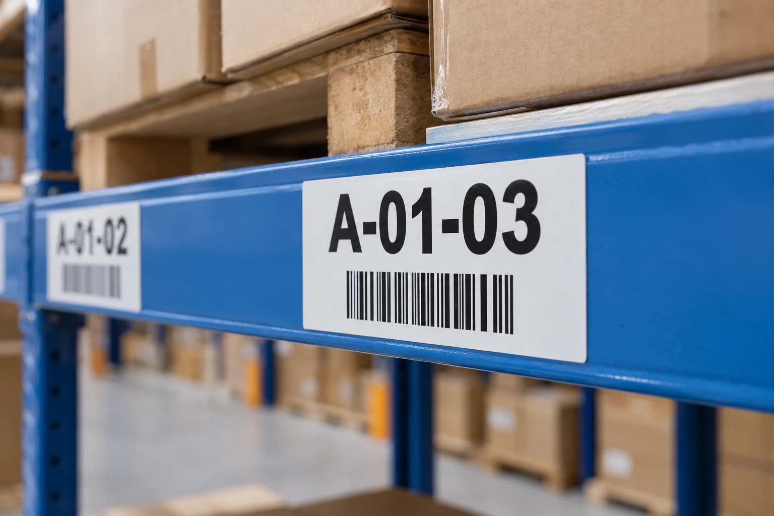 AI-ontwerpvoorbeeld van een stellinglabel A-01-03 met barcode in een magazijn
