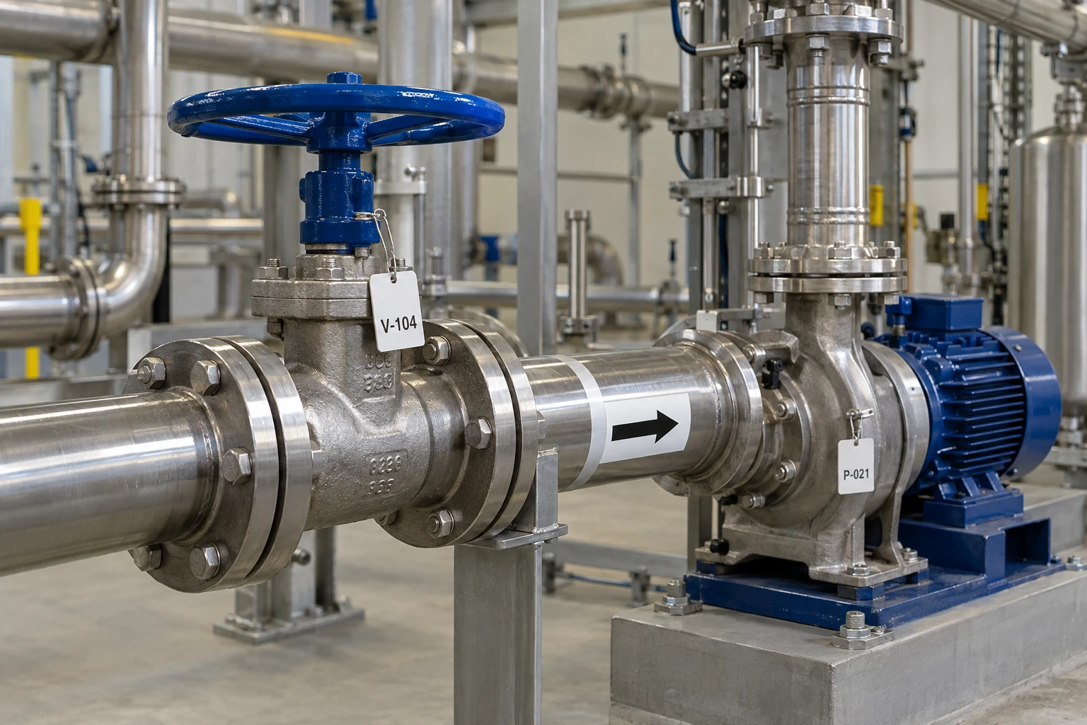 AI design example of a valve and pump with fitted identification tags in a plant room