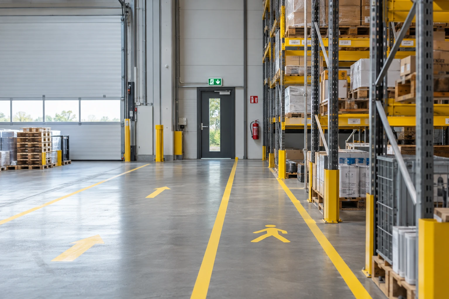 AI design example of an orderly warehouse with marked pedestrian routes and safety signage