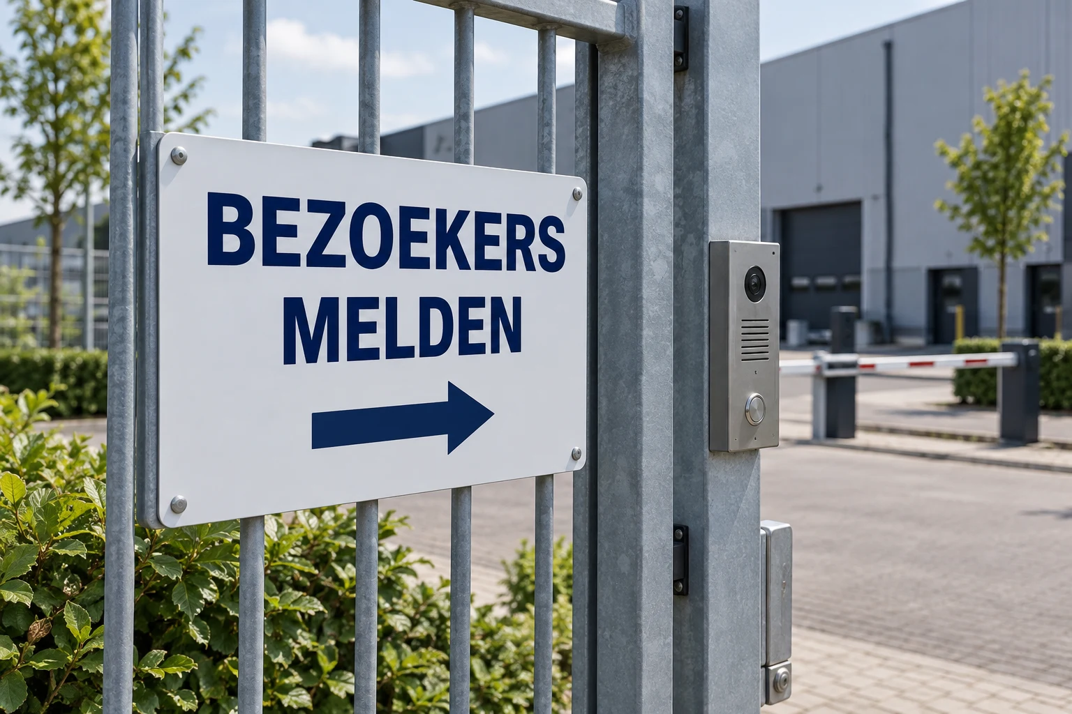 AI-ontwerpvoorbeeld van een toegangsbord voor bezoekers bij een bedrijfspoort