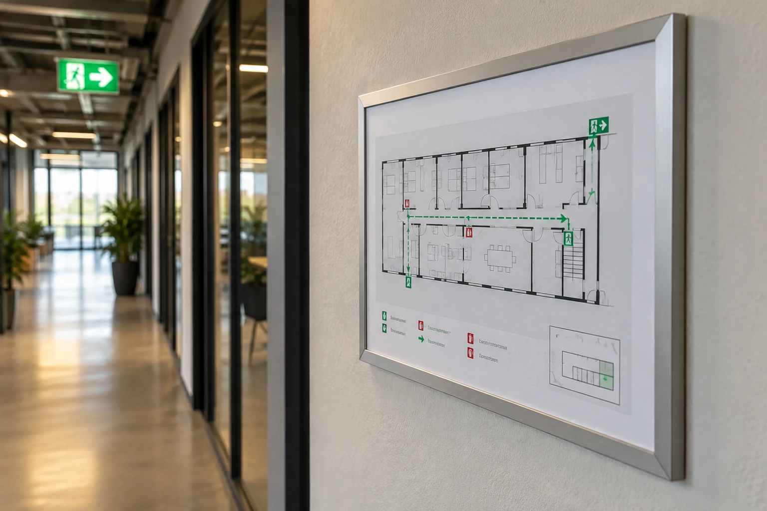 AI-ontwerpvoorbeeld van een ingelijste ontruimingsplattegrond in een bedrijfsgang