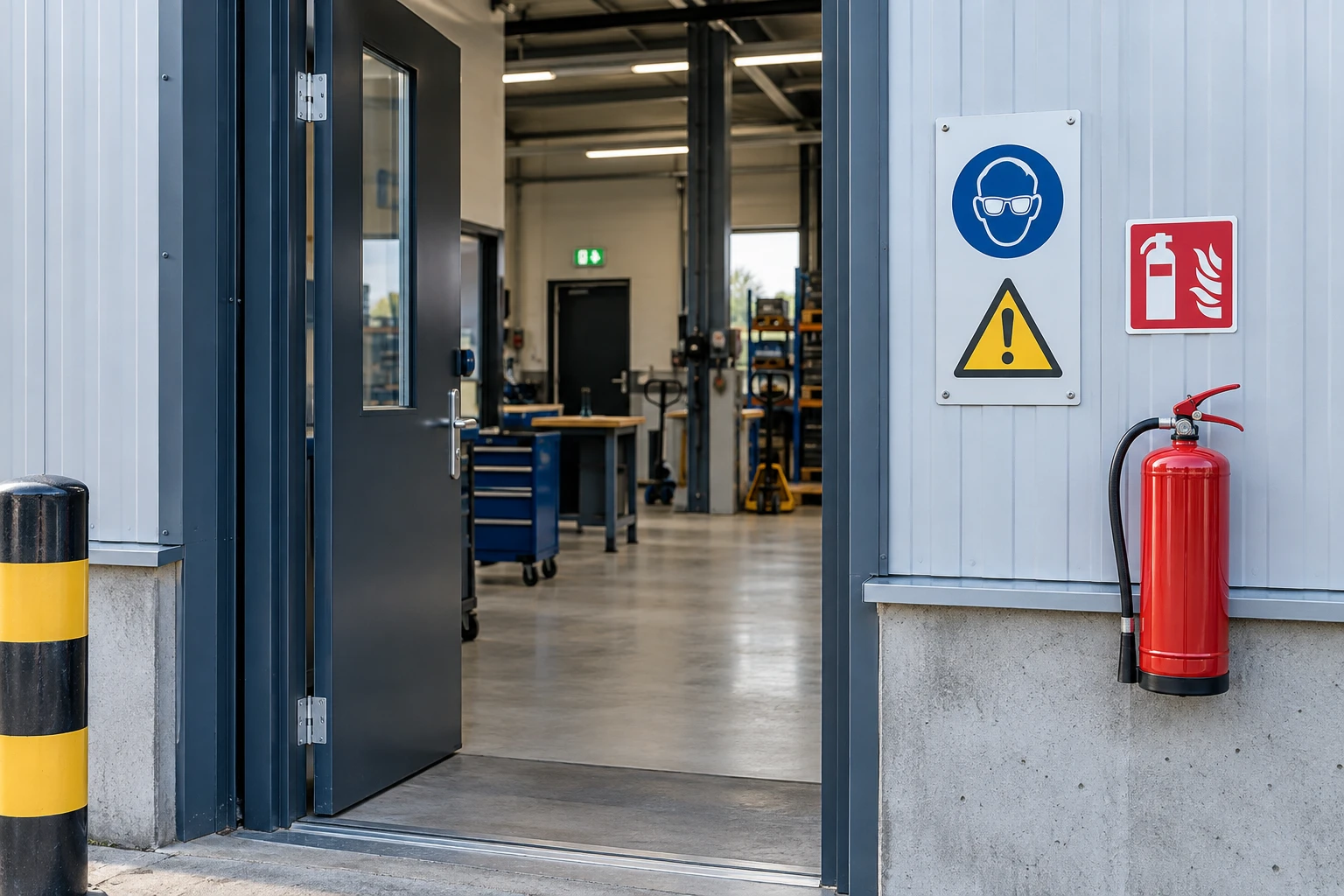 AI-ontwerpvoorbeeld van veiligheidsborden bij een werkplaats met een gemarkeerd brandblusmiddel