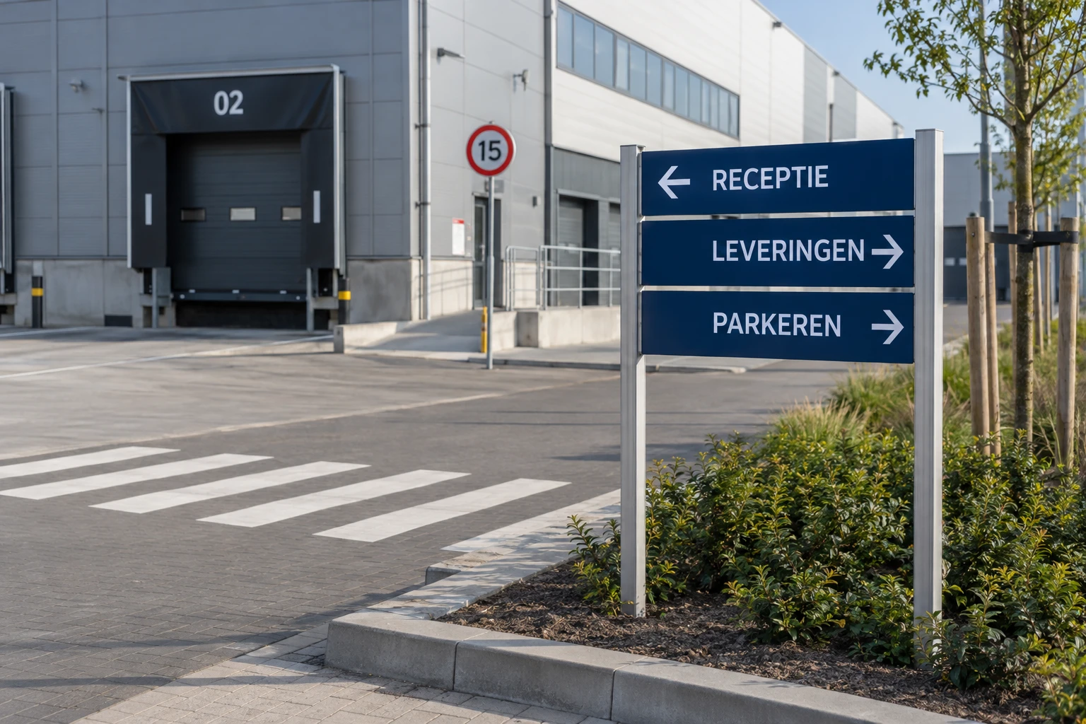 AI-ontwerpvoorbeeld van terreinbewegwijzering met receptie, leveringen en parkeren bij een logistiek bedrijf