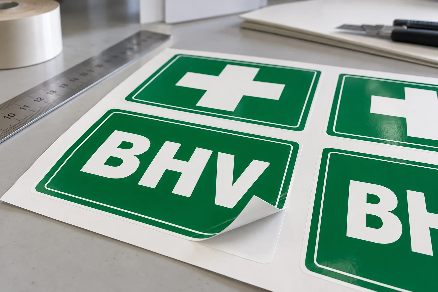 AI-ontwerpvoorbeeld van groene BHV- en EHBO-stickers op schutpapier