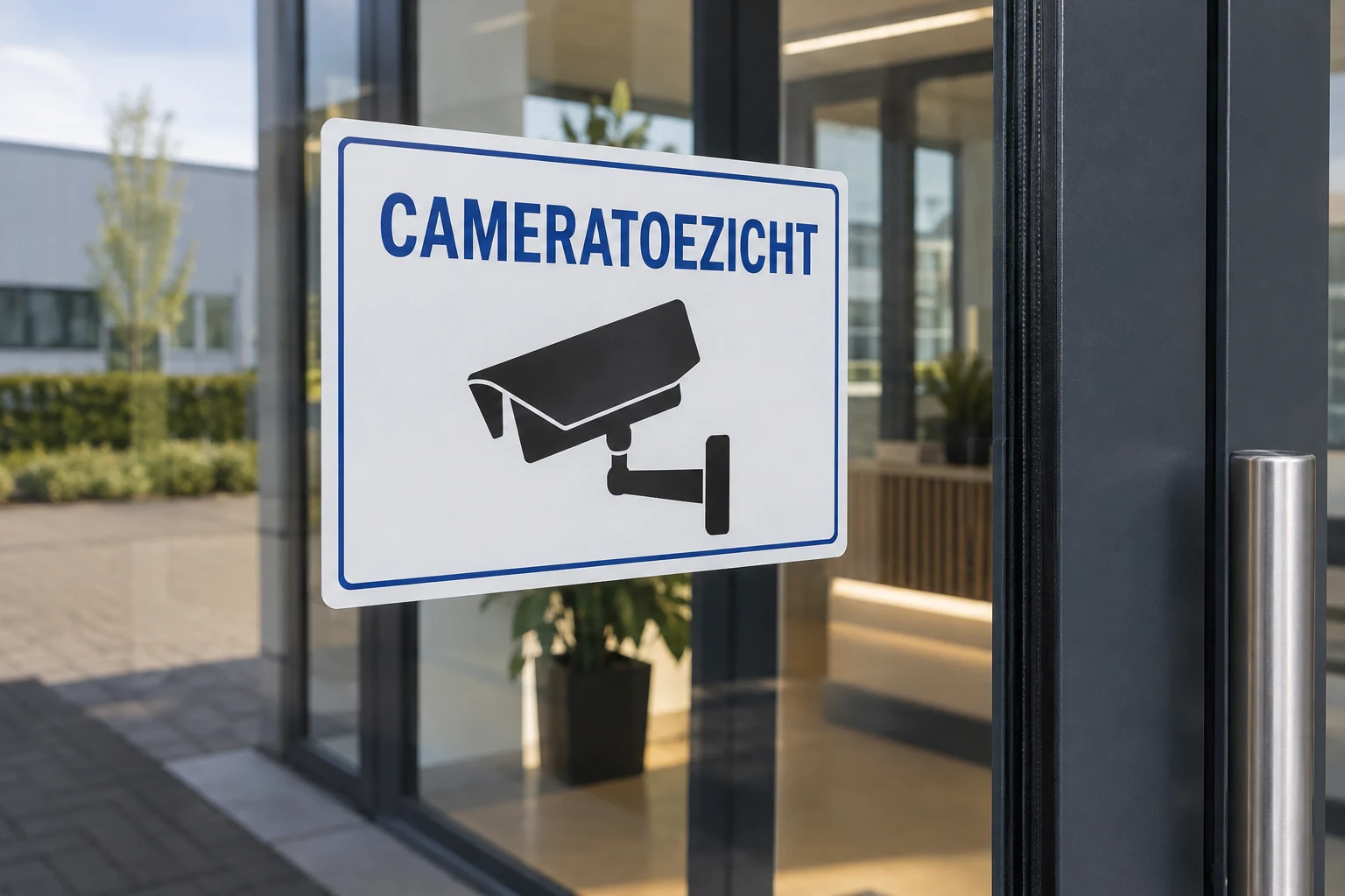 AI-ontwerpvoorbeeld van een cameratoezichtsticker op een glazen toegangsdeur
