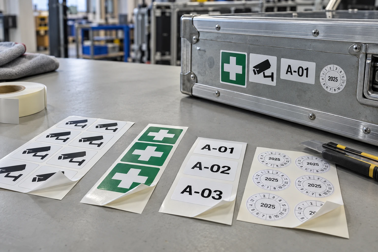 AI design example of security, first-aid, inspection and numbered location stickers on a workbench