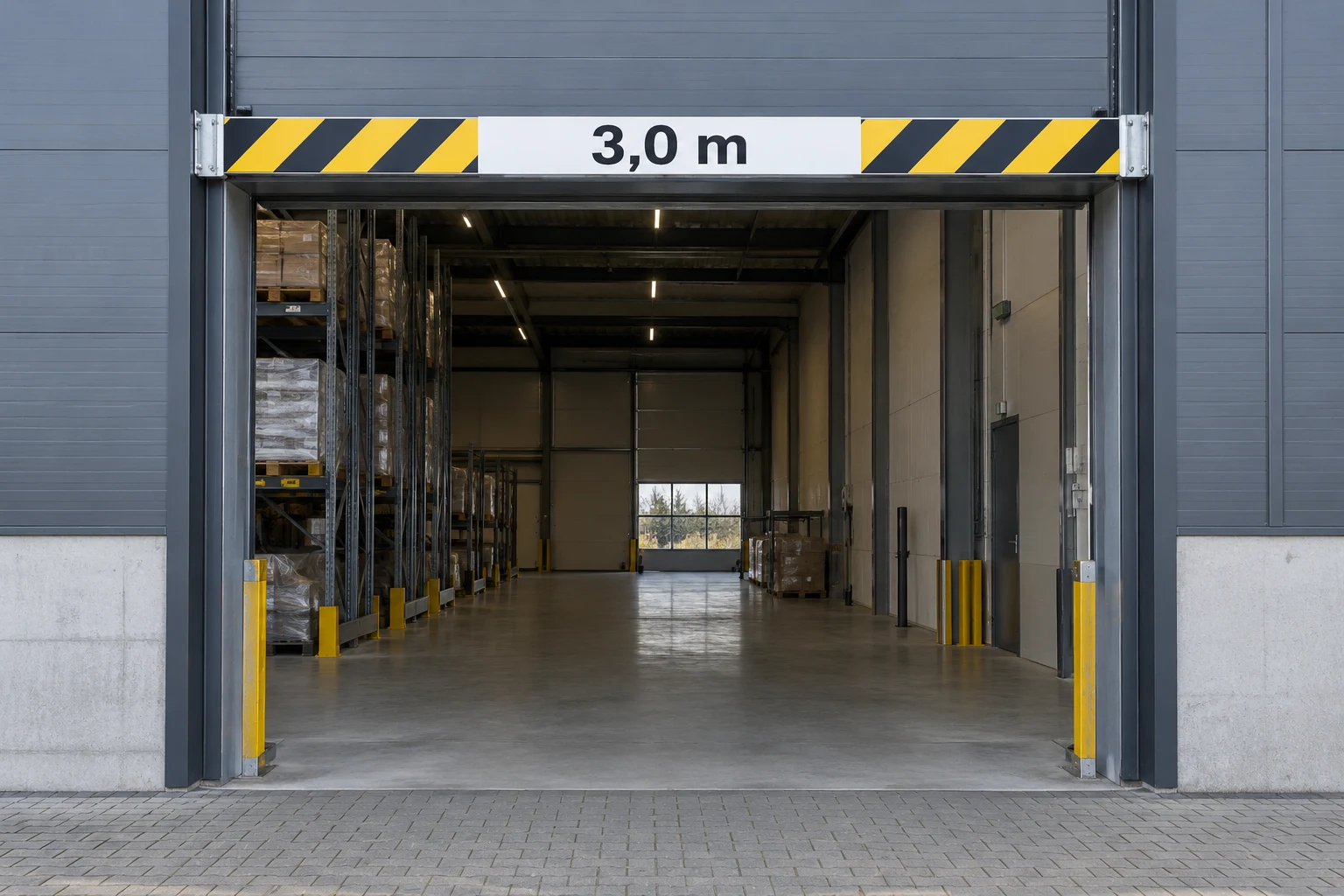 AI design example of a clearance-height marker above a business entrance