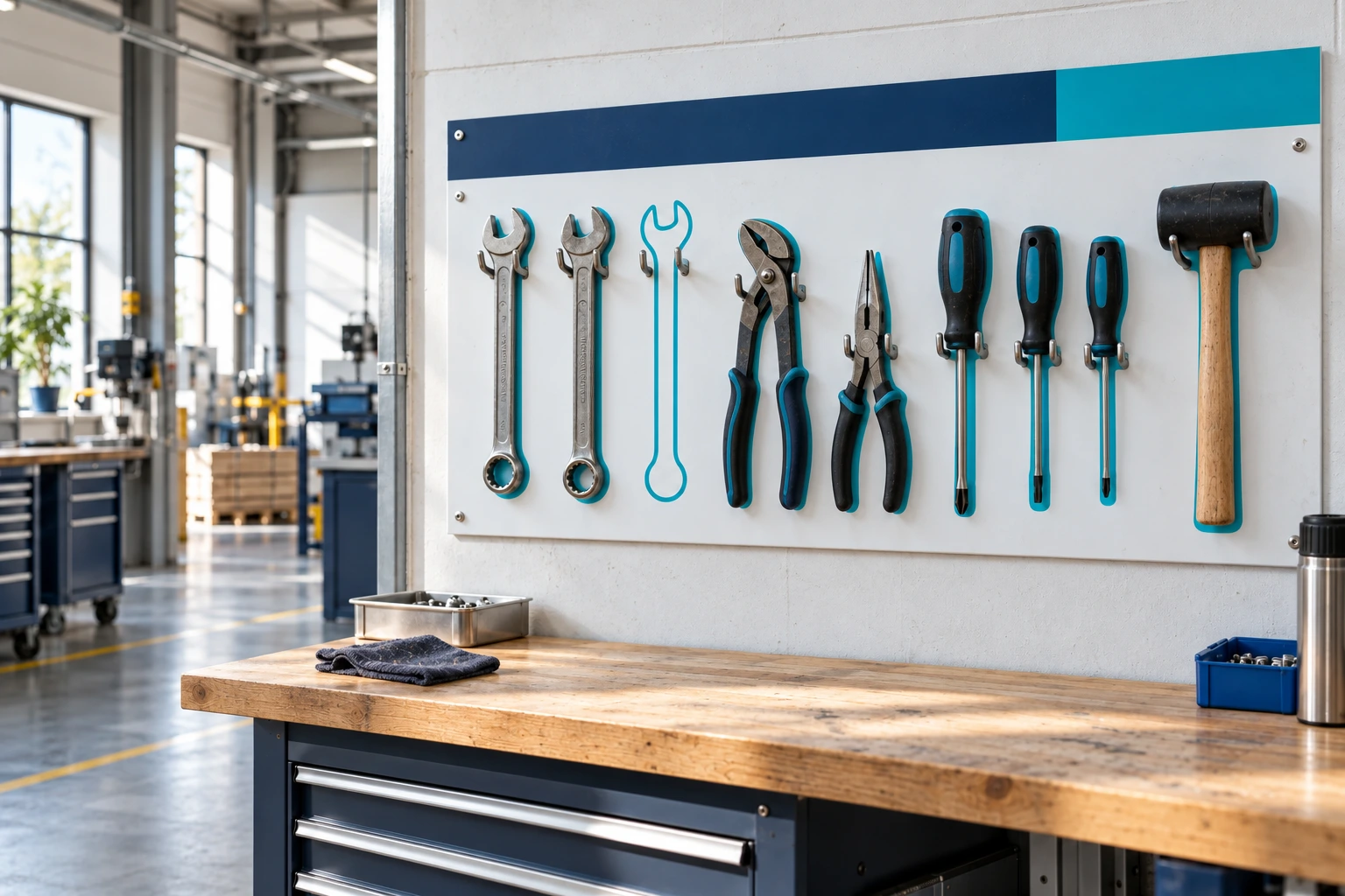 Schaduwbord met gereedschap en gekleurde contouren aan een nette industriële werkplek