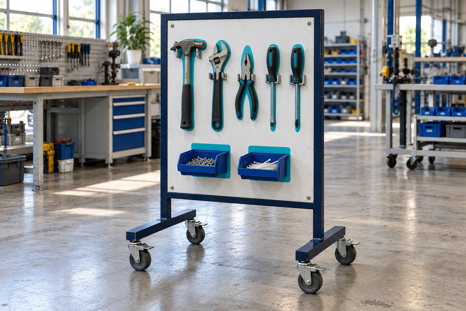 Verrijdbaar frame met schaduwpaneel en een compacte set werkhulpmiddelen