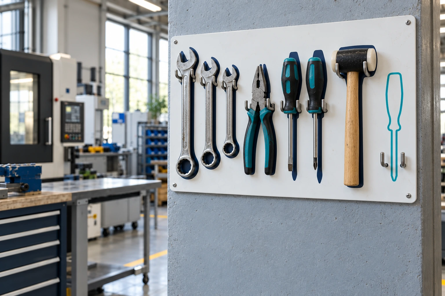 Handgereedschap op passende haken voor gekleurde silhouetten aan een werkbank