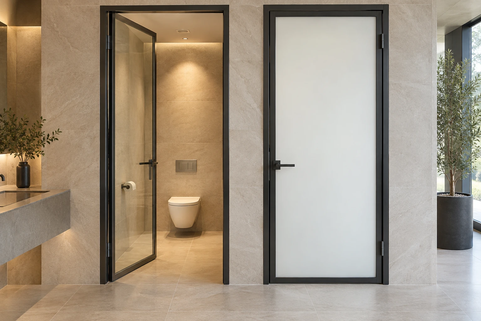 AI-ontwerpvoorbeeld van twee toiletdeuren met schakelbare privacyfolie: één deur open met een lege toiletruimte, één deur gesloten en mat