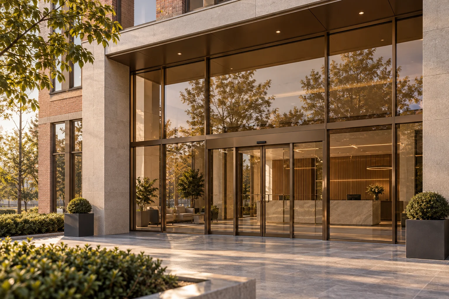 AI example of a business entrance with bronze solar-control glazing