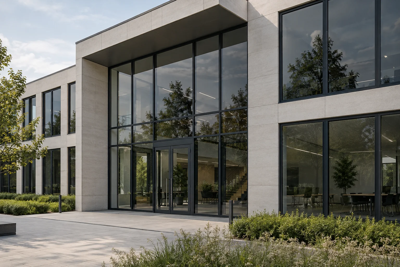 AI example of commercial premises with a deeper neutral window tint