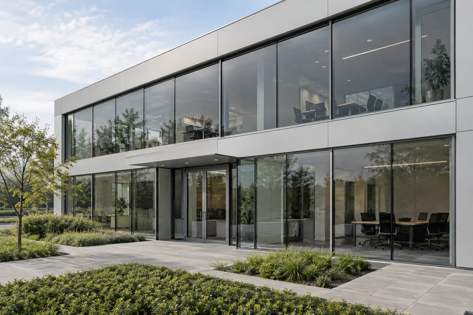 AI example of an office facade with a light neutral glazing tint