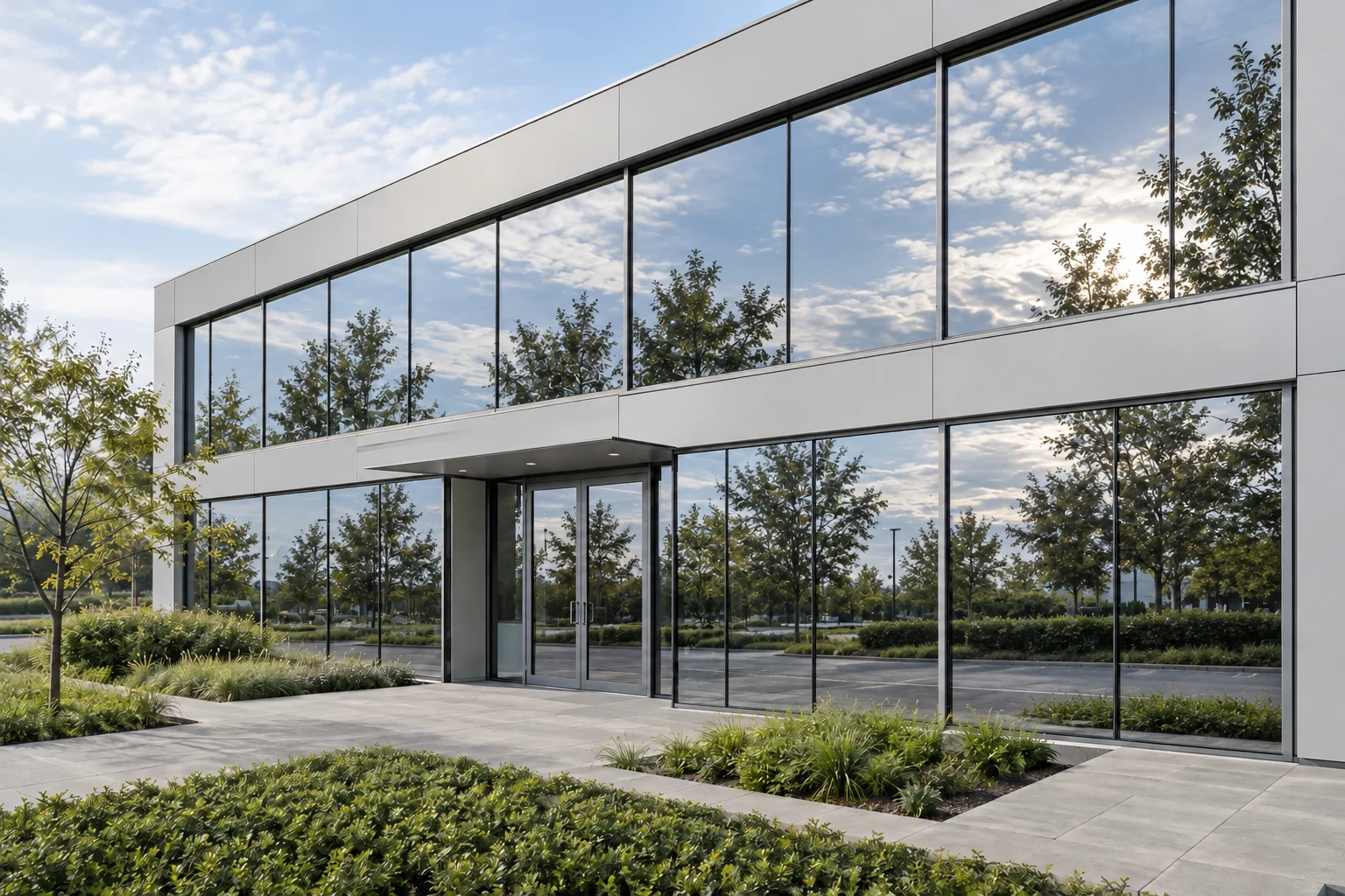 AI example of an office facade with silver reflective solar-control window film